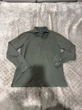 Polo Ralph Lauren Olive Green Distressed Long Sleeve Heathered Jersey Polo Shirt